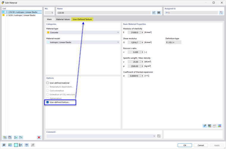 Опция материалов для пользовательской текстуры