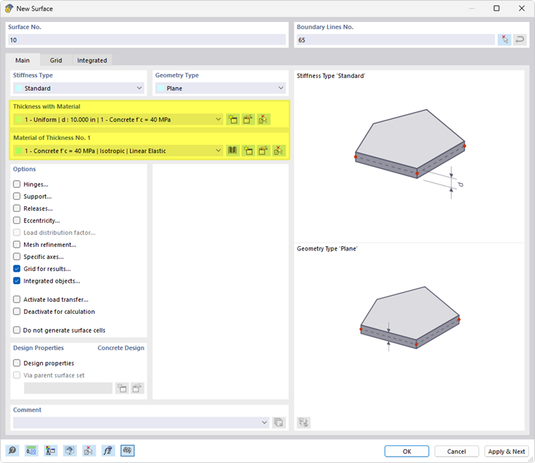 Задание толщины и материала