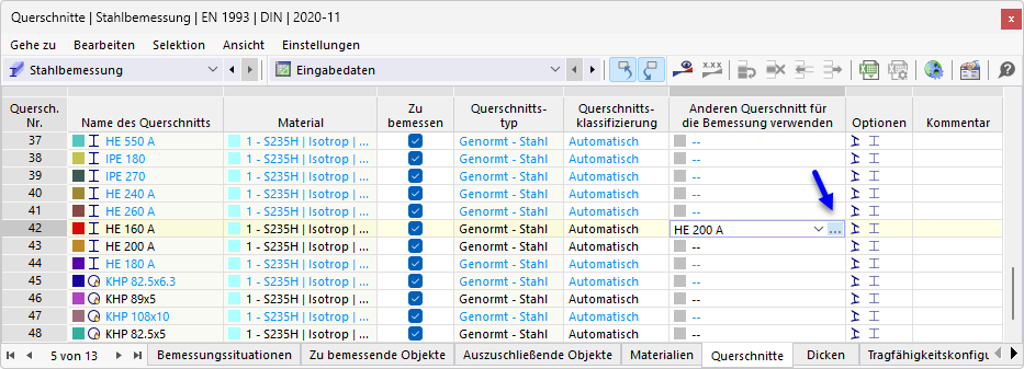 Использовать другой сечение для расчёта