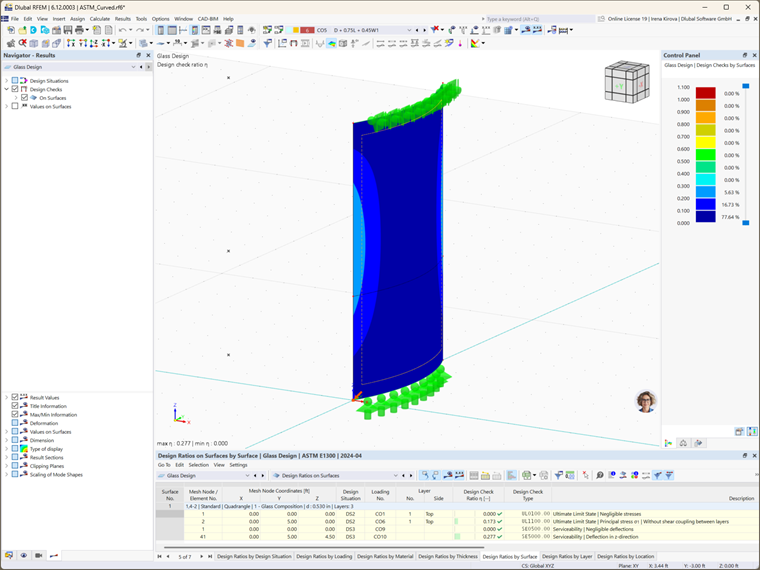 RFEM 6 отображает результаты расчёта с учётом ASTM E1300-24 для инженерного анализа.