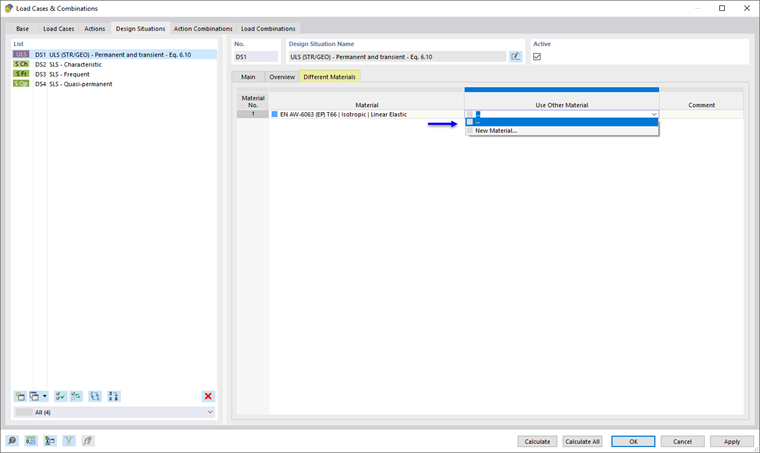 Использование другого материала для расчётной ситуации