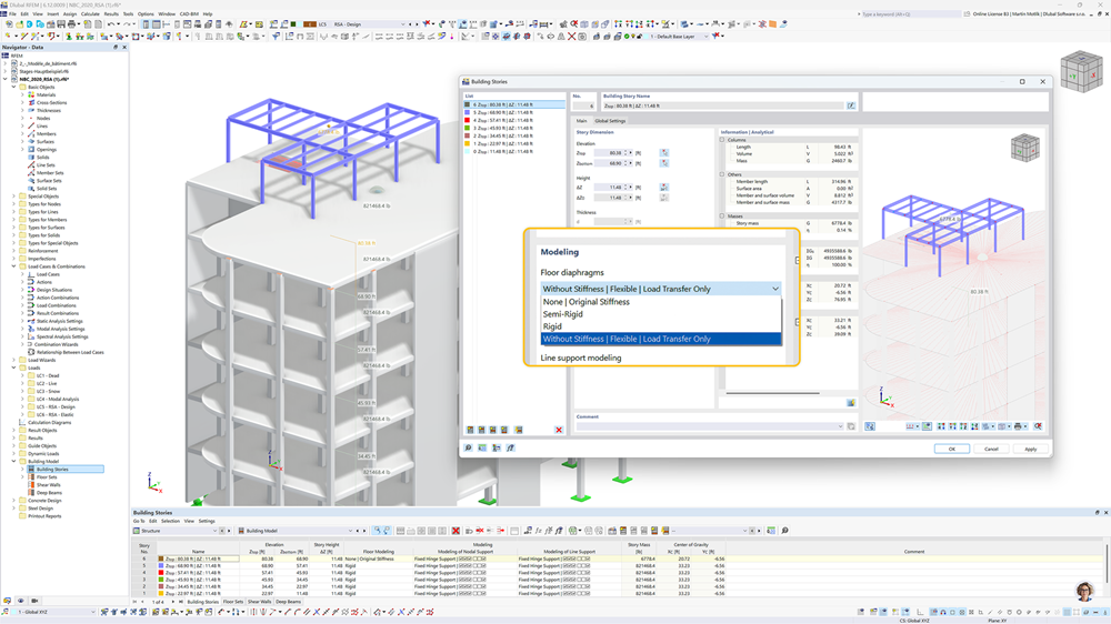 Иллюстрация, показывающая различные типы диафрагм этажей — жёсткие, полужёсткие, гибкие, самостоятельно назначаемые на каждый этаж.