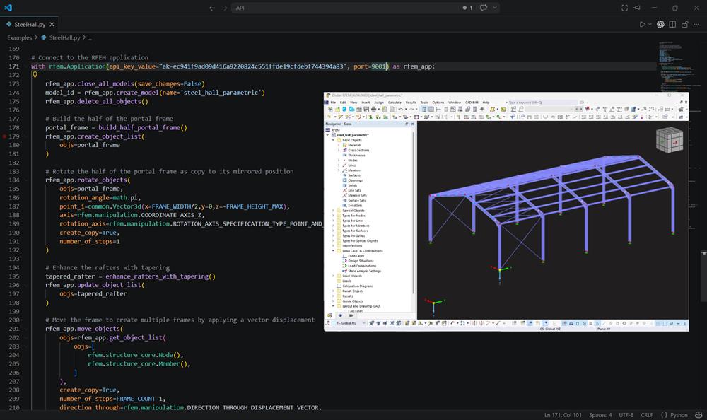 Интерфейс RFEM 6, отображающий модель стальной каркасной конструкции с интеграцией Python-скрипта для расширенной автоматизации и настройки.