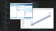 Пользовательский интерфейс RFEM 6, показывающий модель стального моста с функциями интеграции скриптов Python для продвинутого расчёта конструкций.