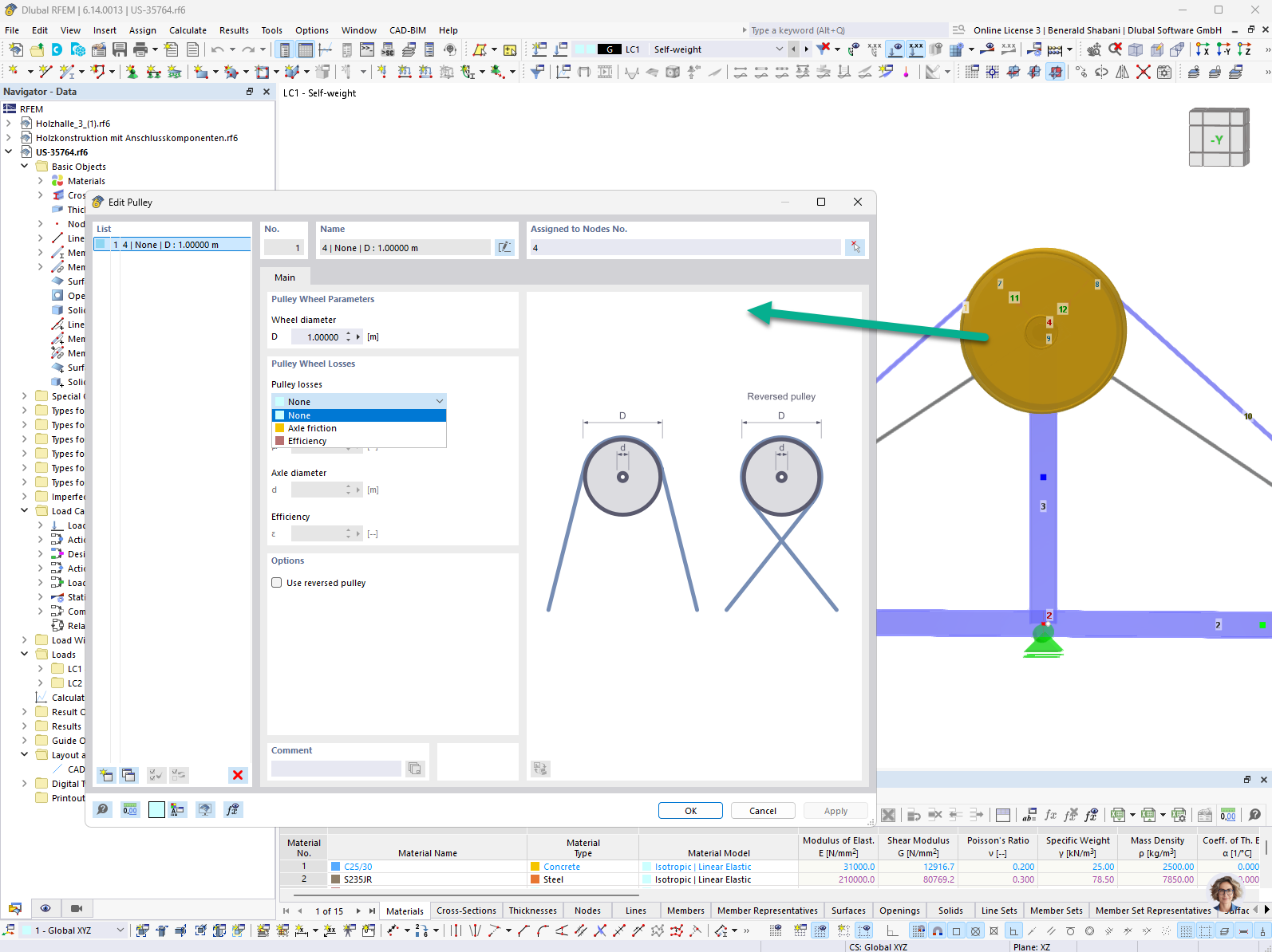 Конфигурация и настройка роликов для канатов в RFEM через специальное диалоговое окно.