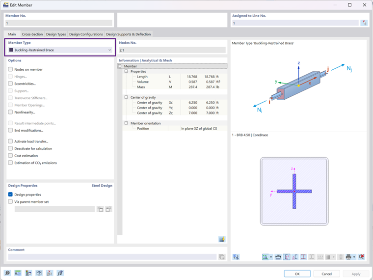 Тип элемента: Выключающийся из работы раскос (стержень с ограничением продольного изгиба)