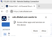 Запрос браузера «calc.dlubal.com хочет получить доступ к другим приложениям и службам на этом устройстве» с кнопками «Заблокировать» и «Разрешить».