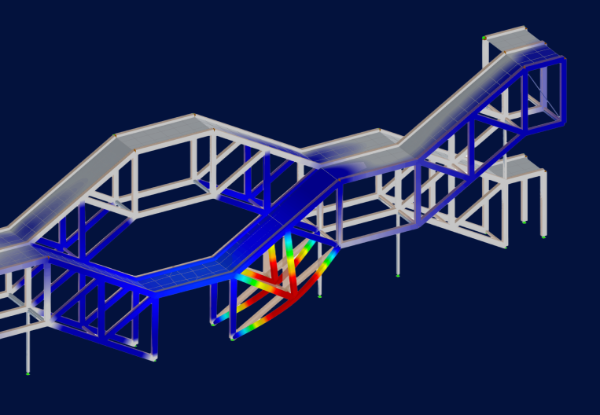 Модель RFEM стальной лестницы в виде конструкции фермы с отображением собственных форм и собственных частот из аддона «Модальный анализ».