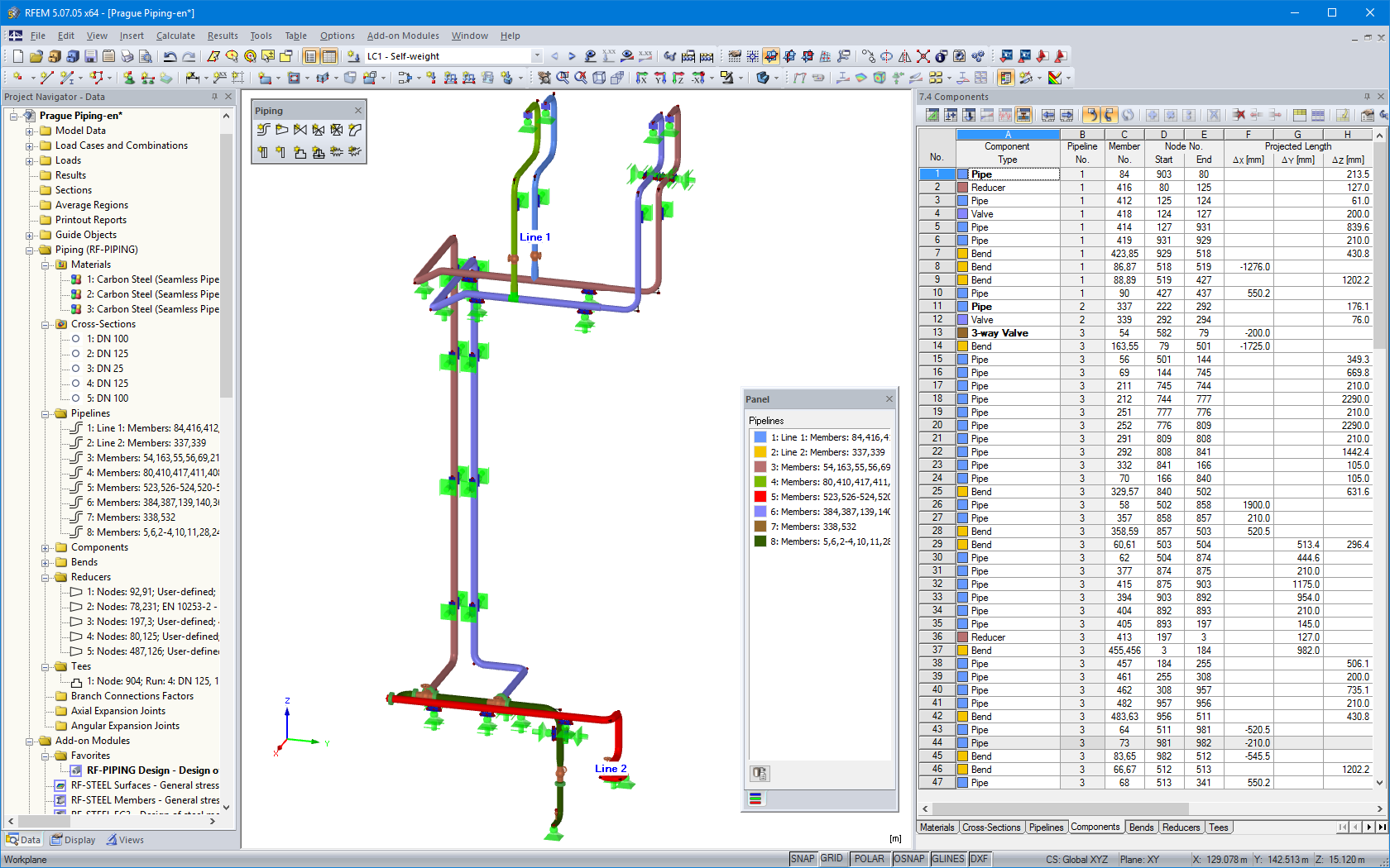 Display of vertical pipeline including various pipping components