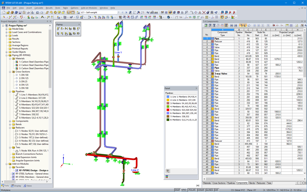 Display of vertical pipeline including various pipping components