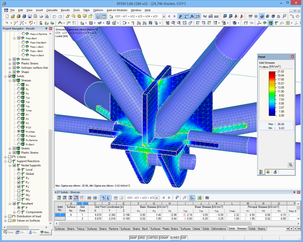 Beam structure joints - solid stresses