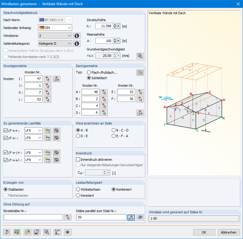 Windlast auf vertikale Wände mit Dach