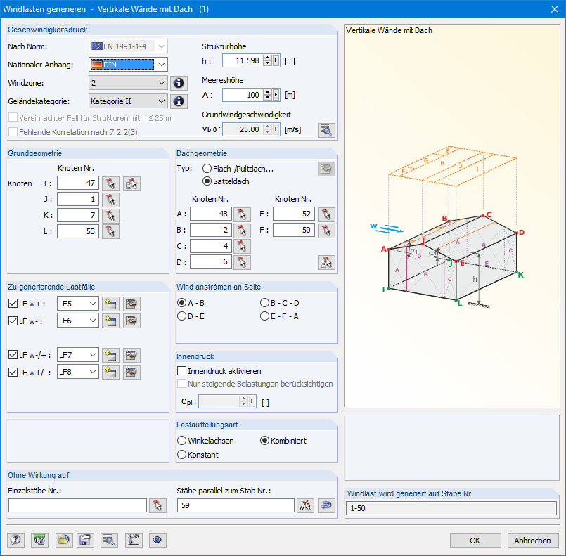 Windlast auf vertikale Wände mit Dach