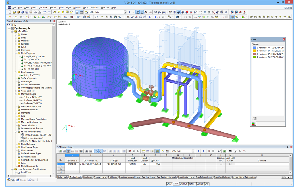 Graphical representation of pipelines with loads in RFEM