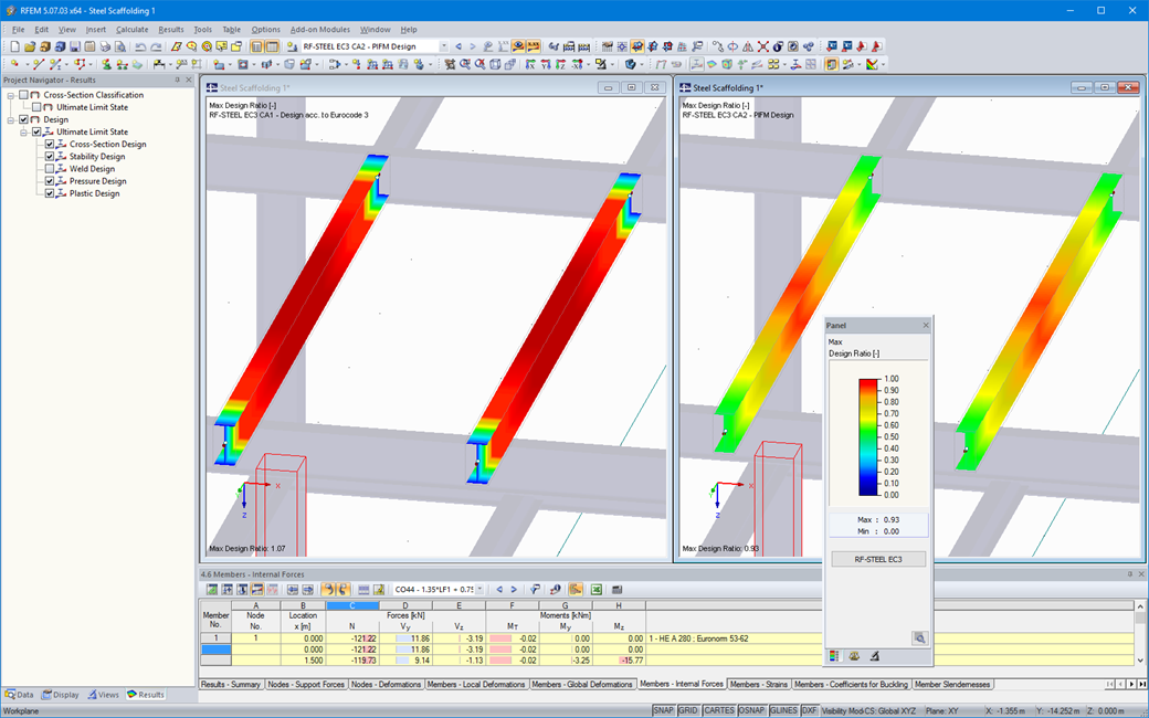 无（左）和有（右）RF-STEEL Plasticity 的 RFEM 中的钢结构设计