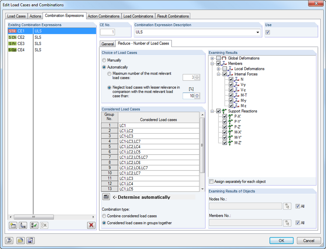 Reduzieren der Lastfälle in den Kombinationen