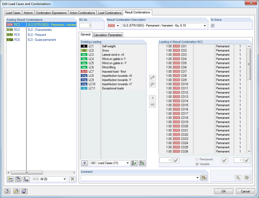Belastungen in einer Ergebniskombination