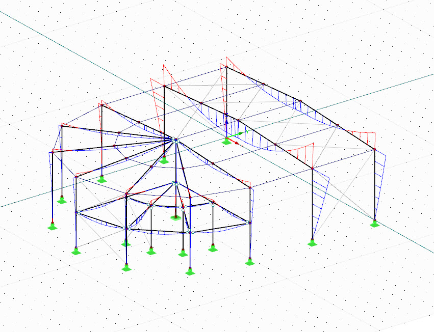 Stahlhalle mit rundem Anbau in RSTAB