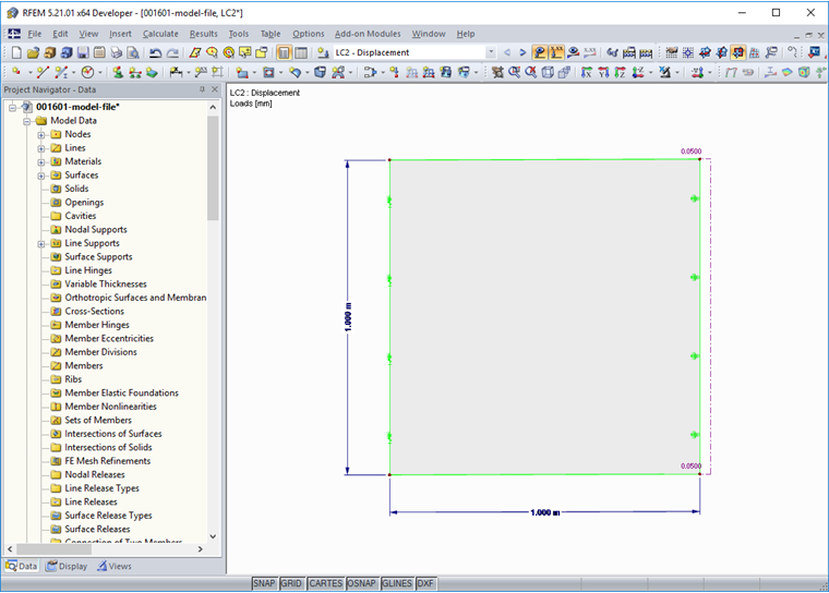 Berechnungsmodell in RFEM: ein FE-Element, links gehalten, rechts gezogen