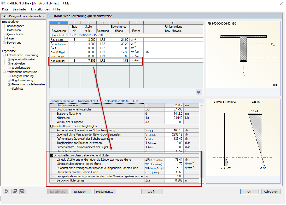 Ergebnisausgabe für die Schubfugenbemessung
