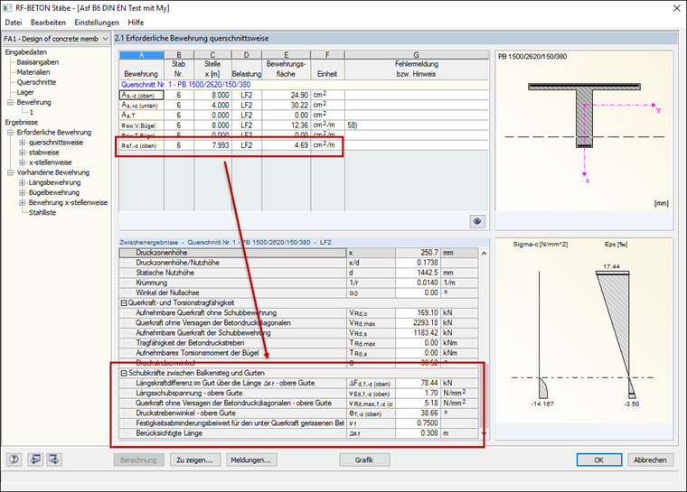 Ergebnisausgabe für die Schubfugenbemessung