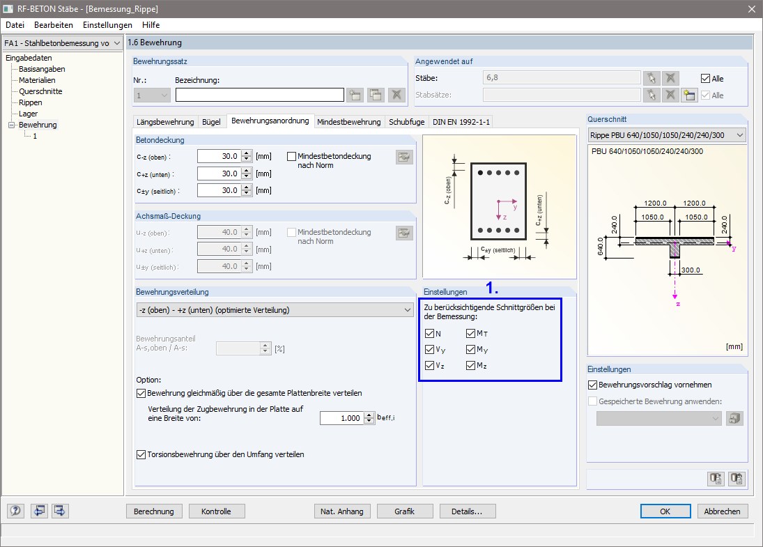 在RF-CONCRETE Members中的窗口1.6： Steuerung der zu berücksichtigenden Schnittgrößen
