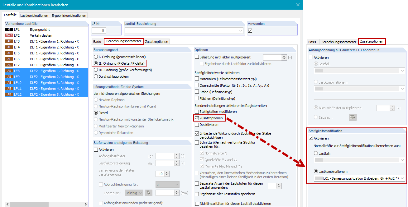 导出等效荷载的荷载工况的计算参数： Die geometrische Steifigkeitsmatrix muss auch hier berücksichtigt werden, dafür werden Normalkräfte aus der LK1 importiert
