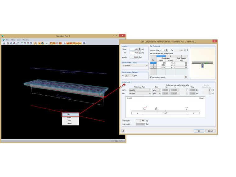 Bewehrung direkt im Grafikfenster anpassen