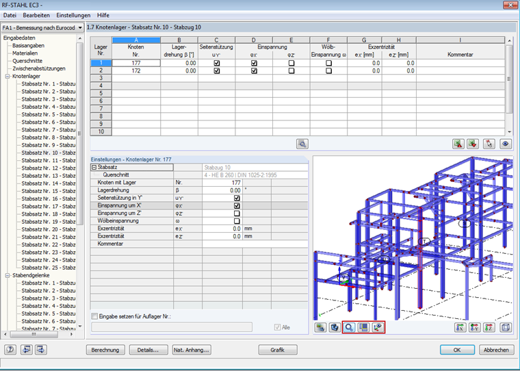 根据 EN 1993-1-1 在杆件集内定义支座条件