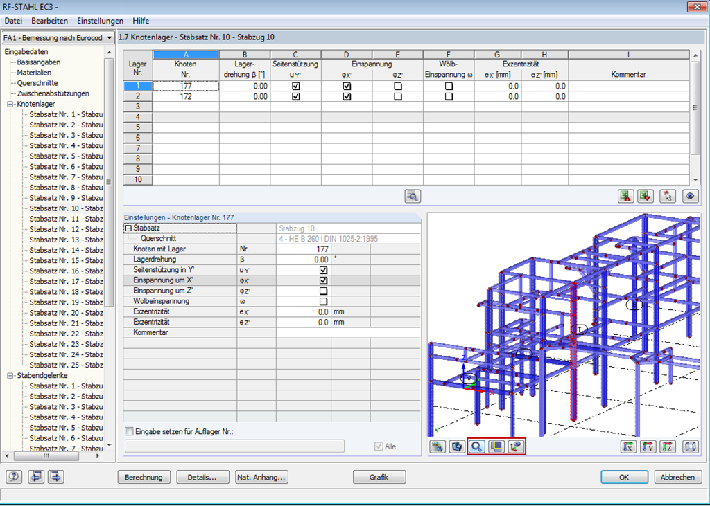 根据 EN 1993-1-1 在杆件集内定义支座条件