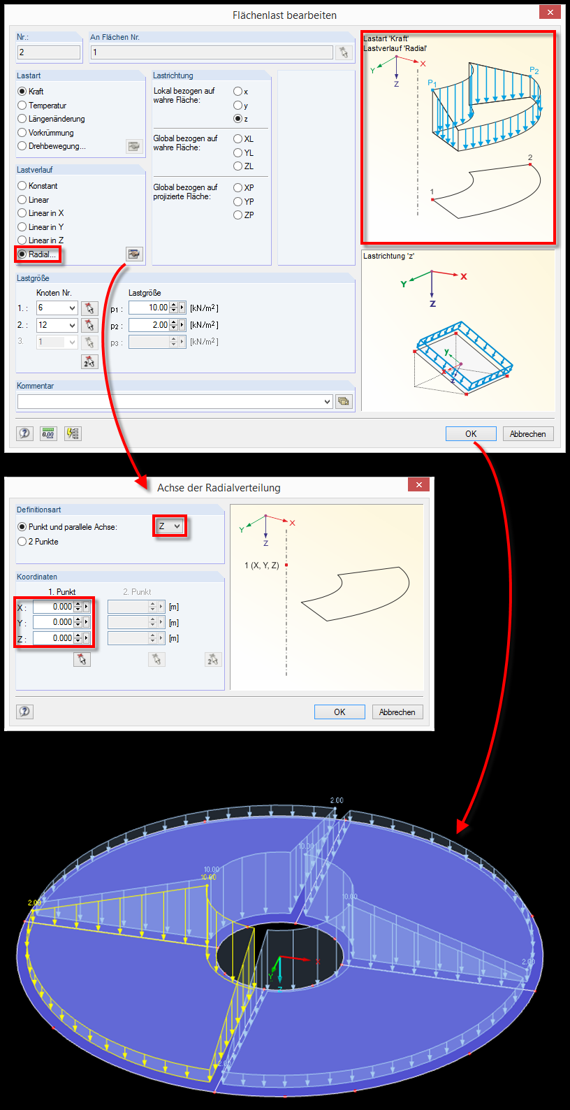 编辑面荷载： “径向”荷载分布