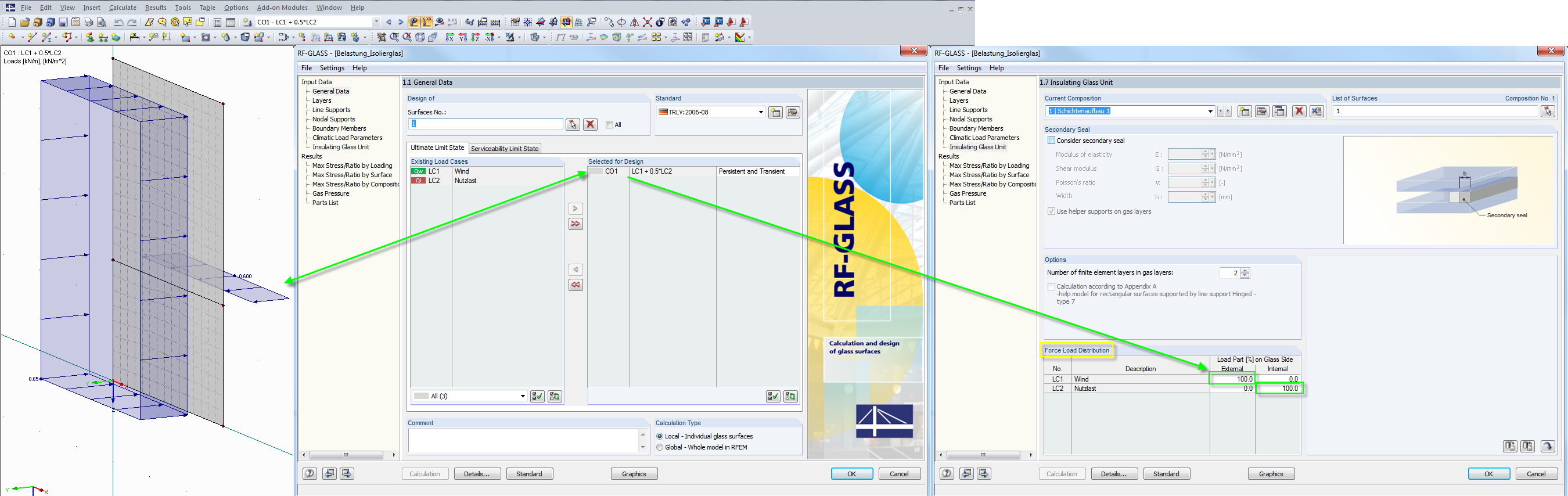 不同中空玻璃层上各个荷载工况的力荷载分布