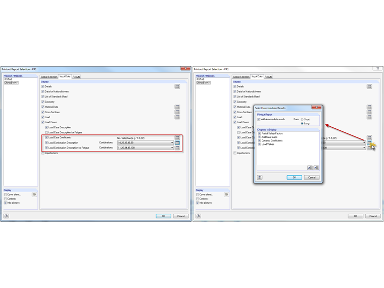 在打印报告中选择荷载组合