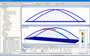 RSTAB 中 Wolbecker 公路桥的侧视图（上）和第一次屈曲模式（© grbv）