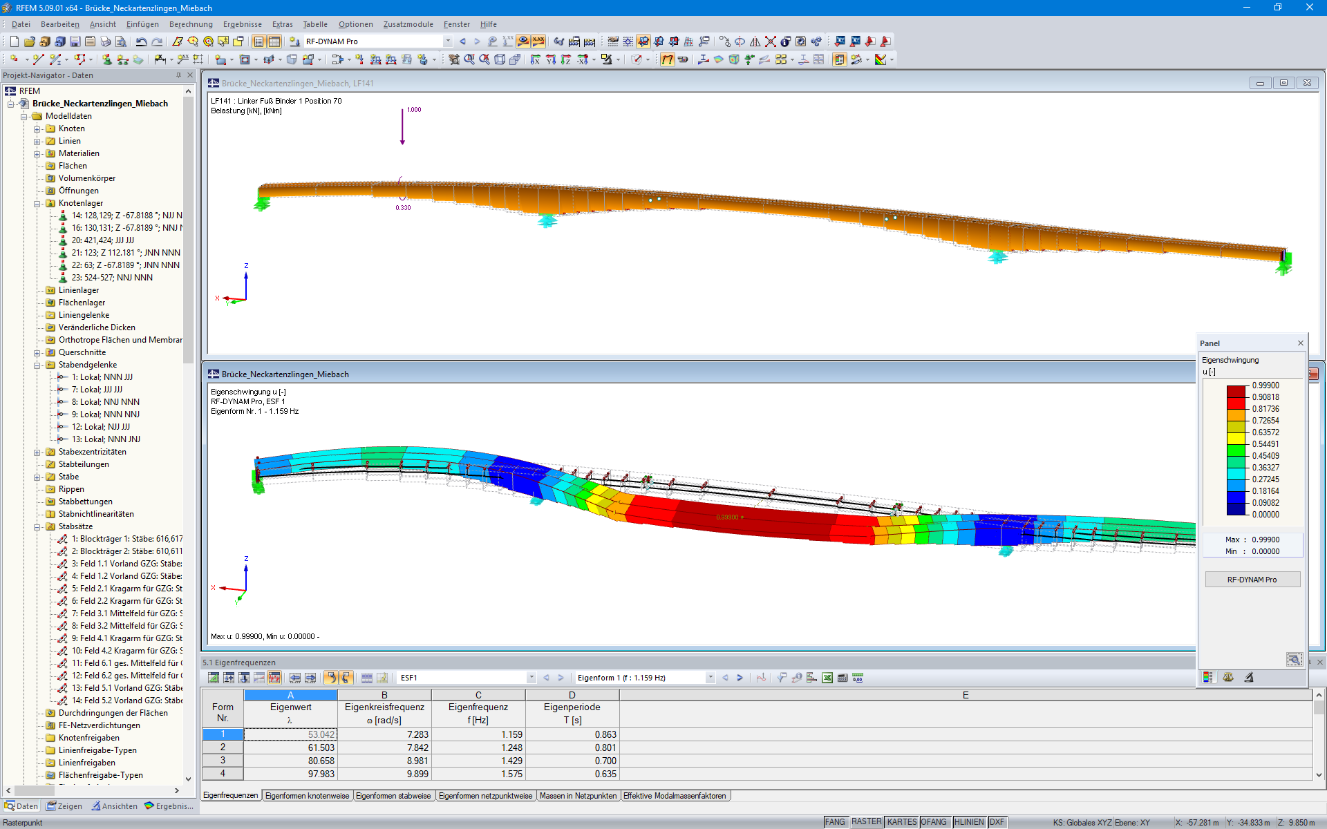 RFEM 中人行路桥和自行车桥的模型和第一个振型（© IB Miebach）