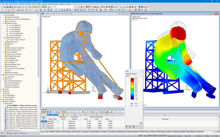 3D-Modell und Verformungsfigur des Edy in RFEM (© sblumer ZT GmbH)