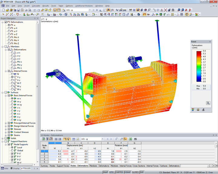 RFEM 模型中的拍板闸门变形（© Engineering Office J&uuml;rgen Ehlenz）