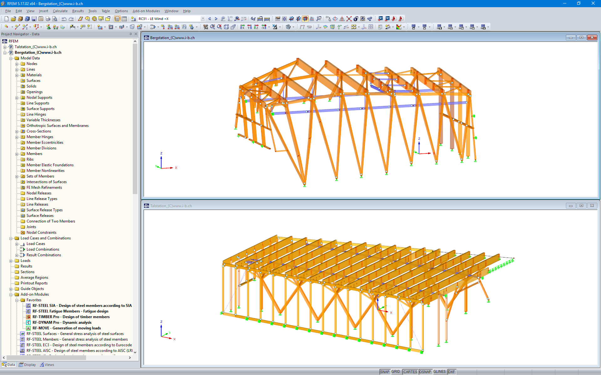 RFEM 模型的山区车站（上）和山谷车站（下） (© Indermühle Bauingenieure)