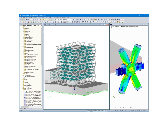 Markas 总部的整个 3D 模型（左）和在 RFEM 中进行桁架连接应力分析（右，© ATP）