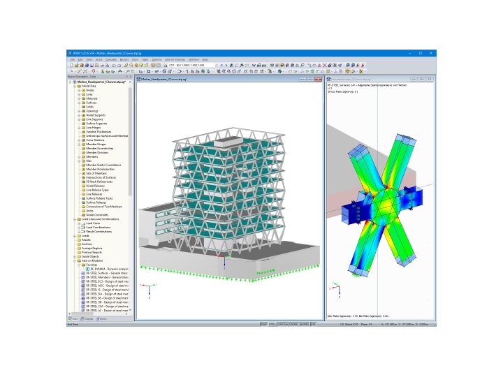 Markas 总部的整个 3D 模型（左）和在 RFEM 中进行桁架连接应力分析（右，© ATP）