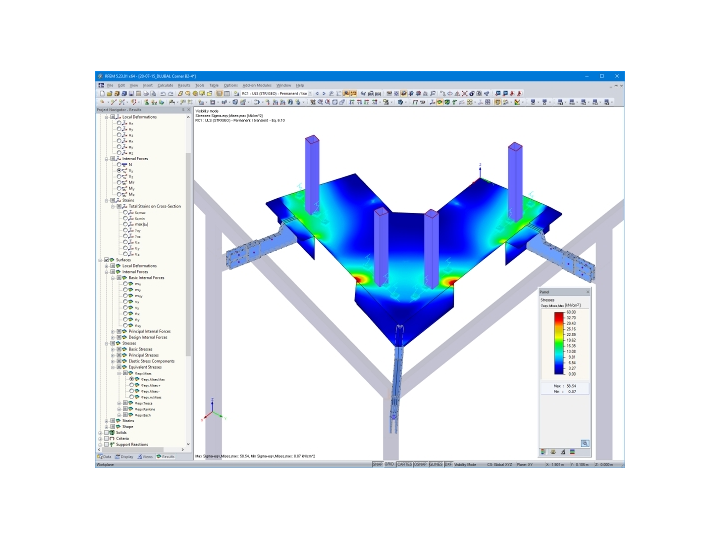 Fassadenkonstruktion | Stahlspannungen eines Eckfestpunktes