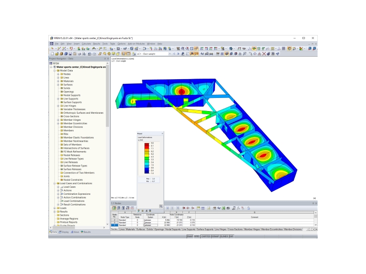 RFEM 中水上运动中心的变形图 (© Kmod Enginyeria en Fusta SL)