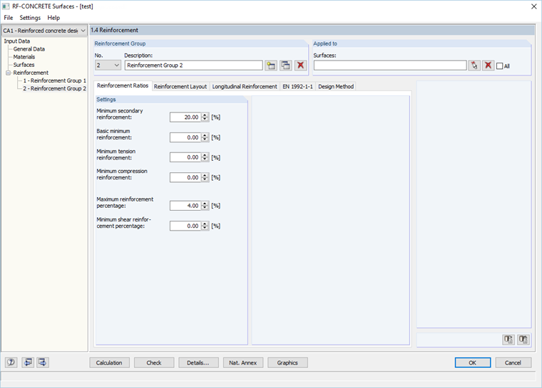 RF-CONCRETE Surfaces 中的窗口“1.4 配筋”