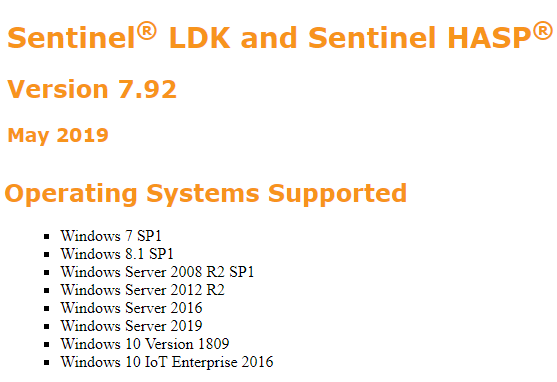 支持的操作系统Sentinel LDK 7.92