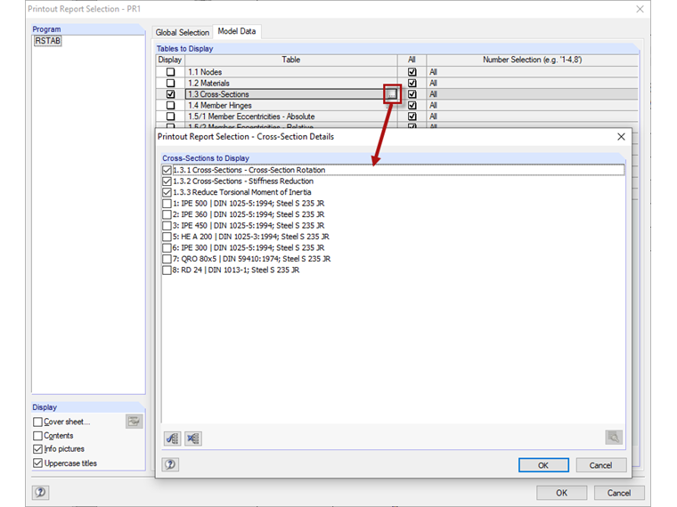 打印报告选择 - 截面详细信息
