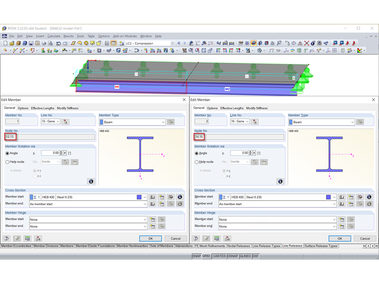 杆件1和2的线和节点