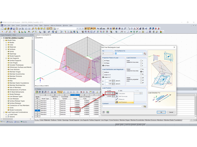 节点坐标和自由矩形荷载之间的偏差