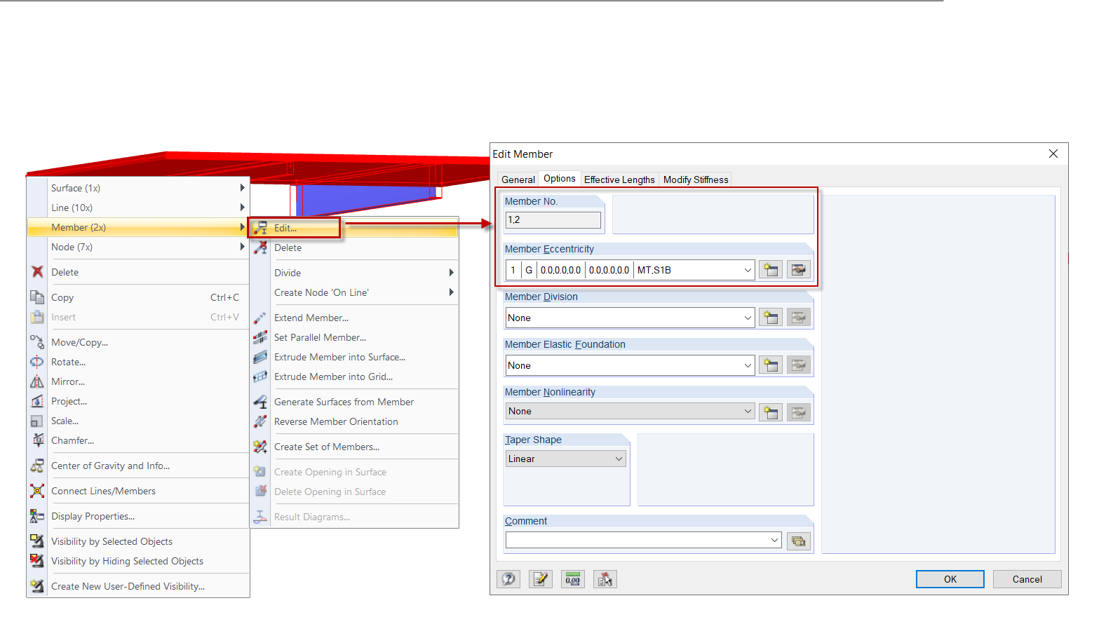 多选、右键菜单（右）和“编辑杆件”（左）