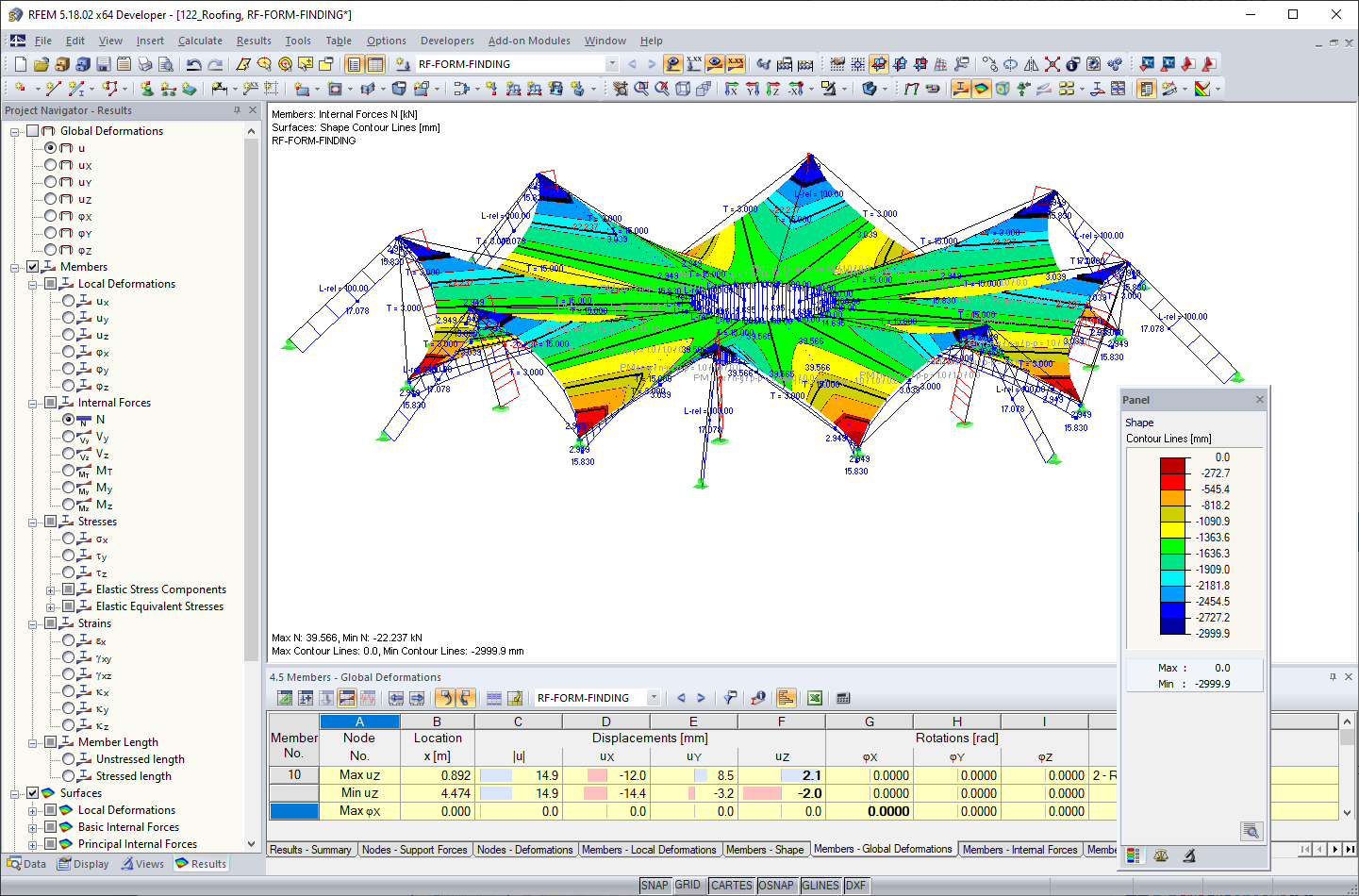 Tension forces in cables and contour lines after form-finding in RFEM