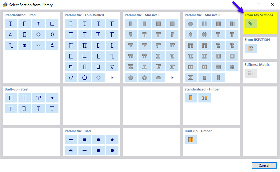 在库中打开首选截面